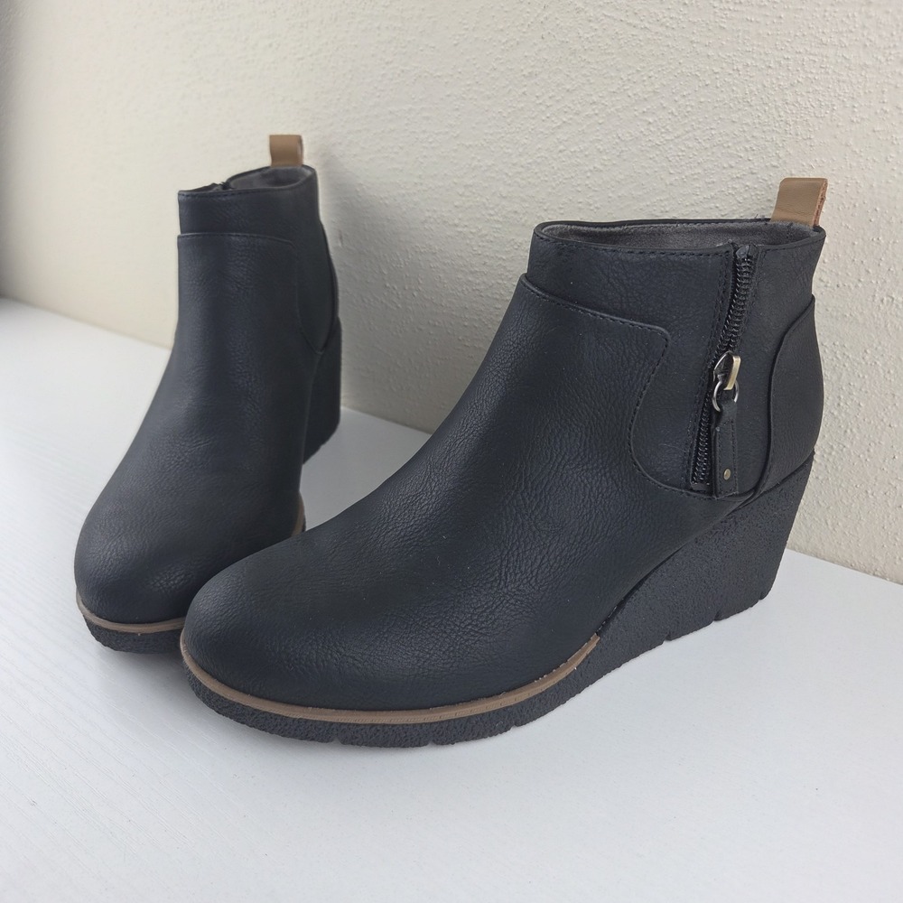 Dr Scholls Bianca Zip Ankle Wedge Booties Black Faux Leather Womens Size 8M NWOT